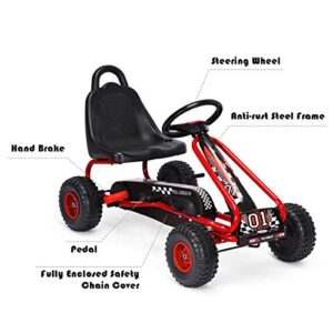 HONEY JOY Go Kart for Kids, 4 Wheel Pedal Powered Go Cart with Steering Wheels & Adjustable Seat, Safety Hand Brake, Non-Slip Tires, Outdoor Off-Road Racer Ride On Pedal Car for Boy Girl (Red)