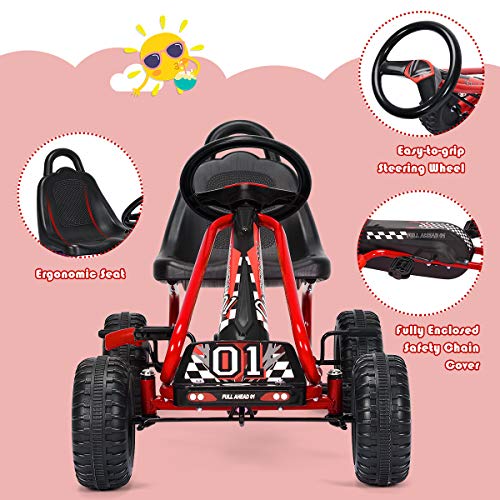 HONEY JOY Go Kart for Kids, 4 Wheel Pedal Powered Go Cart with Steering Wheels & Adjustable Seat, Safety Hand Brake, Non-Slip Tires, Outdoor Off-Road Racer Ride On Pedal Car for Boy Girl (Red)