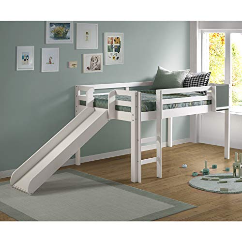 Naomi Home Cindy Kids Loft Bed with Slide, Twin Loft Bed with Slide, Toddler Loft Bed with Slide, Loft Bed Slide with Ladder, Chalkboard, Pine Wood Space Saving Kids Bed Frame for Boys, Girls, White