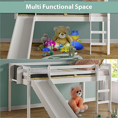 Naomi Home Cindy Kids Loft Bed with Slide, Twin Loft Bed with Slide, Toddler Loft Bed with Slide, Loft Bed Slide with Ladder, Chalkboard, Pine Wood Space Saving Kids Bed Frame for Boys, Girls, White