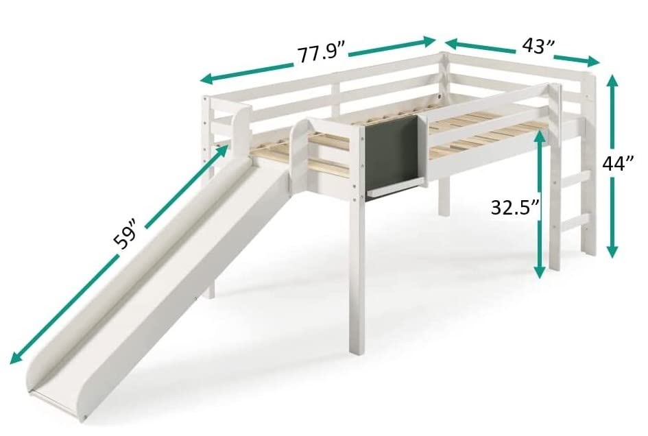 Naomi Home Cindy Kids Loft Bed with Slide, Twin Loft Bed with Slide, Toddler Loft Bed with Slide, Loft Bed Slide with Ladder, Chalkboard, Pine Wood Space Saving Kids Bed Frame for Boys, Girls, White