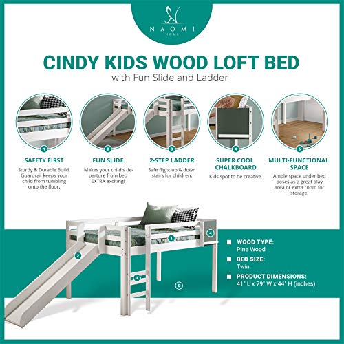 Naomi Home Cindy Kids Loft Bed with Slide, Twin Loft Bed with Slide, Toddler Loft Bed with Slide, Loft Bed Slide with Ladder, Chalkboard, Pine Wood Space Saving Kids Bed Frame for Boys, Girls, White