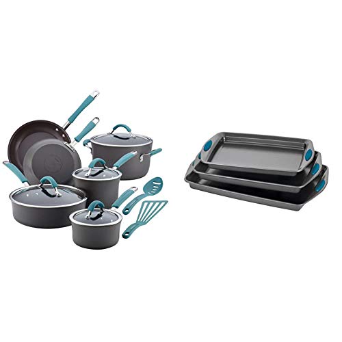 Rachael Ray Cucina Hard Anodized Nonstick Cookware Pots and Pans Set, 12 Piece, Gray with Blue Handles & Ray Bakeware Nonstick Cookie Pan Set, 3-Piece, Gray with Marine Blue Grips