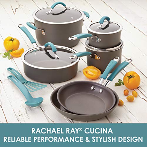 Rachael Ray Cucina Hard Anodized Nonstick Cookware Pots and Pans Set, 12 Piece, Gray with Blue Handles & Ray Bakeware Nonstick Cookie Pan Set, 3-Piece, Gray with Marine Blue Grips