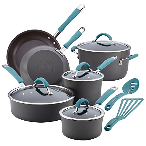 Rachael Ray Cucina Hard Anodized Nonstick Cookware Pots and Pans Set, 12 Piece, Gray with Blue Handles & Ray Bakeware Nonstick Cookie Pan Set, 3-Piece, Gray with Marine Blue Grips