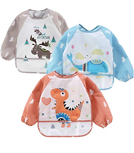 PandaEar (3 Pack Long Sleeve Bibs| Waterproof Full Sleeve Bib for Baby Infant Toddler 6-36 Months