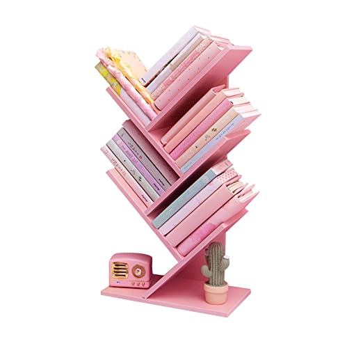 Tree Bookshelf,4-Layer Floor Standing,The Desktop Bookshelf Can Hold Books,Magazines,CDs and Photo Albums,Office Storage Rack,Pink