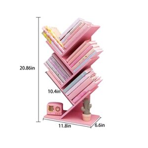 Tree Bookshelf,4-Layer Floor Standing,The Desktop Bookshelf Can Hold Books,Magazines,CDs and Photo Albums,Office Storage Rack,Pink