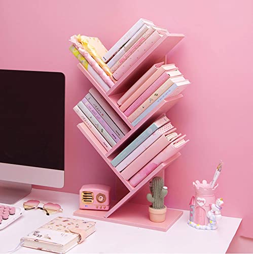 Tree Bookshelf,4-Layer Floor Standing,The Desktop Bookshelf Can Hold Books,Magazines,CDs and Photo Albums,Office Storage Rack,Pink