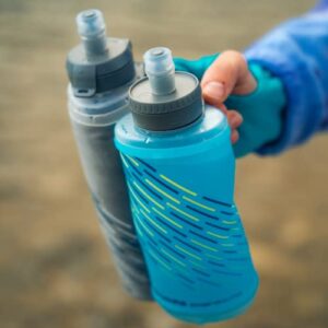 Hydrapak SkyFlask 500ml - Lightweight Collapsible Handheld Running Water Bottle Soft Flask - (500 ml/16 oz) - Adjustable Handstrap, Spill-Proof Cap, Malibu Blue