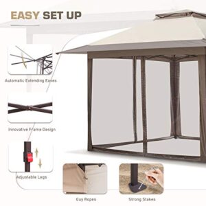 EAGLE PEAK 13x13 Pop-Up Gazebo Tent Instant w/Mosquito Netting，Outdoor Gazebo Canopy Easy Set-up Folding Shelter (Beige/Brown)