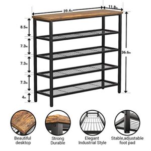 Topfurny Shoe Rack, Industrial Shoe Storage Organizer, Large 5-Tier Metal Shoe Rack Shelves with Wood Board, Entryway Table for Hallway, Living Room, Closet, Bedroom