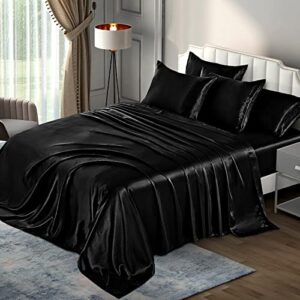 p pothuiny 6-piece queen satin sheets luxury silky black satin bedding sheet set, 1 deep pocket fitted sheet + 1 flat sheet + 4 pillow cases