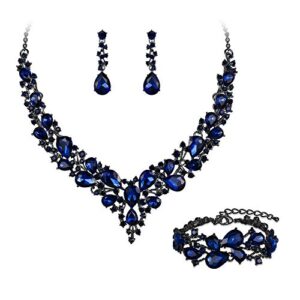 BriLove Wedding Bridal Jewelery for Women Austrian Crystal Teardrop Cluster Statement Necklace Dangle Earrings Link Bracelet Set Navy Blue Sapphire Color Black-Silver-Tone