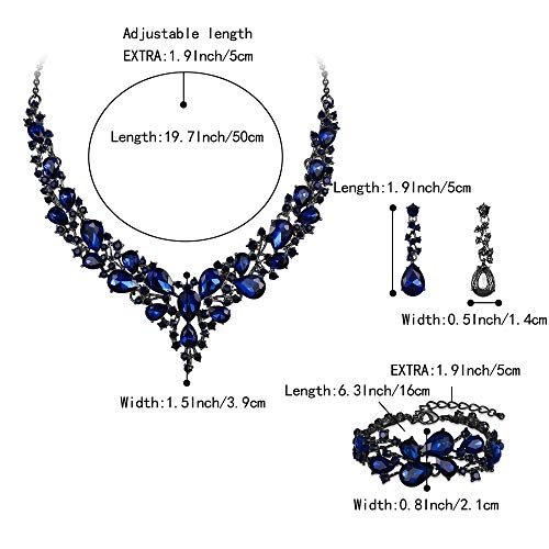 BriLove Wedding Bridal Jewelery for Women Austrian Crystal Teardrop Cluster Statement Necklace Dangle Earrings Link Bracelet Set Navy Blue Sapphire Color Black-Silver-Tone