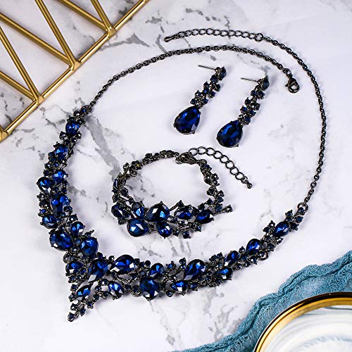 BriLove Wedding Bridal Jewelery for Women Austrian Crystal Teardrop Cluster Statement Necklace Dangle Earrings Link Bracelet Set Navy Blue Sapphire Color Black-Silver-Tone