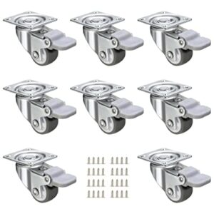 8 pack 1 inch low profile casters (d=1", h=1-1/2"), small wheels for furniture locking casters with swivel top plate (1-1/2"×1-1/4"), mini rubber castor wheels protect wood floors, with 32pcs screws