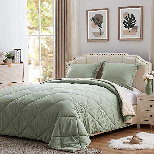 NexHome Lightweight Comforter Set Twin Size, Down Alternative Solid Comforter Set Thin Microfiber Autumn Spring Summer Winter Bedding Comforter with 1 Pillow Sham (Twin/Twin XL, Sage Green/Beige)