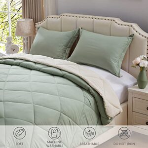 NexHome Lightweight Comforter Set Twin Size, Down Alternative Solid Comforter Set Thin Microfiber Autumn Spring Summer Winter Bedding Comforter with 1 Pillow Sham (Twin/Twin XL, Sage Green/Beige)