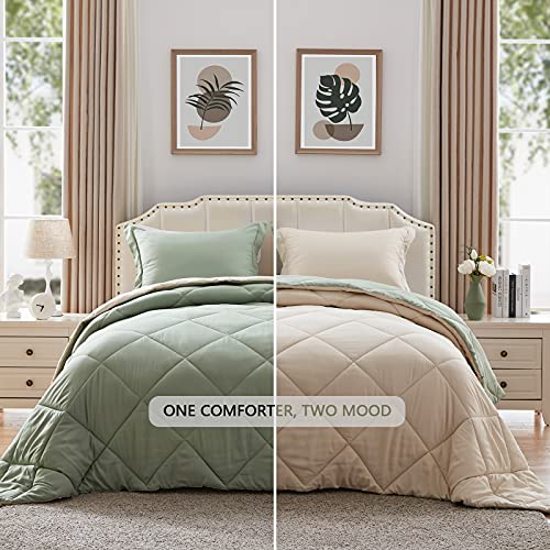 NexHome Lightweight Comforter Set Twin Size, Down Alternative Solid Comforter Set Thin Microfiber Autumn Spring Summer Winter Bedding Comforter with 1 Pillow Sham (Twin/Twin XL, Sage Green/Beige)