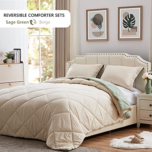 NexHome Lightweight Comforter Set Twin Size, Down Alternative Solid Comforter Set Thin Microfiber Autumn Spring Summer Winter Bedding Comforter with 1 Pillow Sham (Twin/Twin XL, Sage Green/Beige)