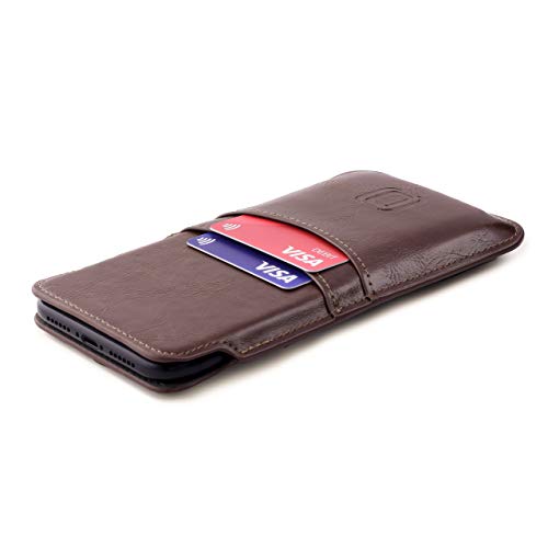 Dockem Provincial Wallet Sleeve for iPhone 14, 14 Pro, 13, 13 Pro, 12, 12 Pro, iPhone 11 & XR (6.1"): Slim Vintage PU Leather Cover with 2 Card Holder Slots: Professional Executive Pouch Case [Brown]