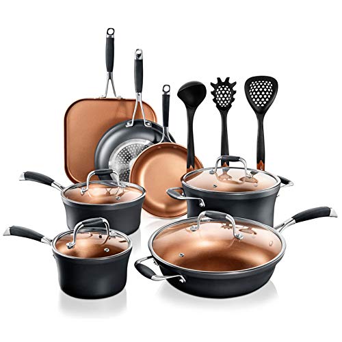 NutriChef Stackable Pots and Pans Set – 14-pcs Luxurious Stackable Cookware Set – Sauce Pans Nonstick Set with Lids– Healthy Food-Grade Copper Non-Stick Ceramic Coating - PTFE, PFOA, and PFOS Free