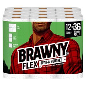 brawny flex paper towels, 12 triple rolls = 36 regular rolls, tear-a-square, 3 sheet size options, quarter size sheets, 12 count (pack of 1)