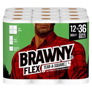 Brawny Flex Paper Towels, 12 Triple Rolls = 36 Regular Rolls, Tear-A-Square, 3 Sheet Size Options, Quarter Size Sheets, 12 Count (Pack of 1)