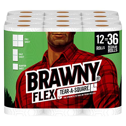 Brawny Flex Paper Towels, 12 Triple Rolls = 36 Regular Rolls, Tear-A-Square, 3 Sheet Size Options, Quarter Size Sheets, 12 Count (Pack of 1)