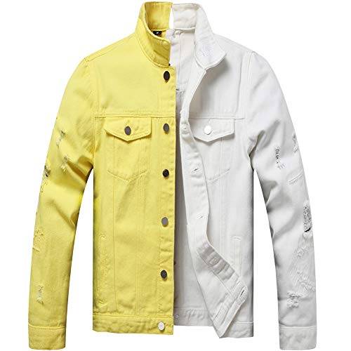 LZLER Jean Jacket for Men,Separable Left&Right Ripped Slim Fit Mens Denim Jacket (Yellow-White, XX-large)