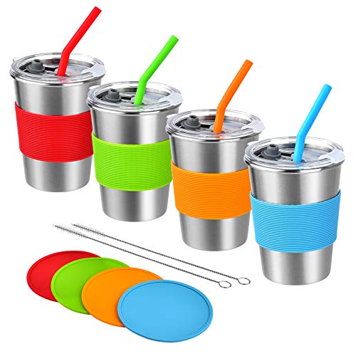 Kids Cups with Straw and Lid Spill Proof,4 Pack 12oz Stainless Steel Drinking Tumbler with Coasters,Unbreakable Water Glasses,BPA-Free Metal Sippy Mug for Toddler,Children,Adult, Indoor,Outdoor