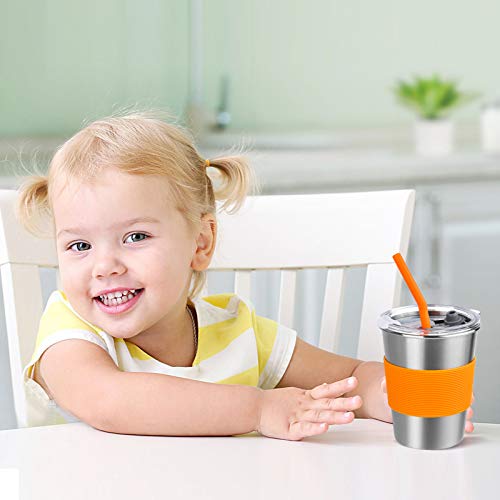 Kids Cups with Straw and Lid Spill Proof,4 Pack 12oz Stainless Steel Drinking Tumbler with Coasters,Unbreakable Water Glasses,BPA-Free Metal Sippy Mug for Toddler,Children,Adult, Indoor,Outdoor