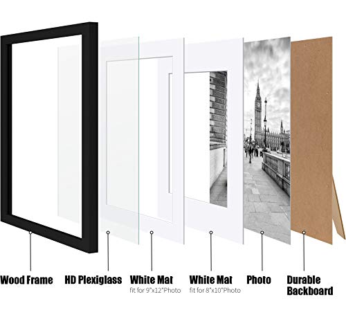 11x14 Picture Frames Black Solid Wood - Matted to Display Pictures 9x12 or 8x10 or 11x14 Frame without Mat - Wooden Photo Frame 11x14 inch Black with 2 Mats for Wall Mounting or Table Top, 2 Set