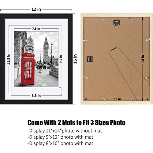 11x14 Picture Frames Black Solid Wood - Matted to Display Pictures 9x12 or 8x10 or 11x14 Frame without Mat - Wooden Photo Frame 11x14 inch Black with 2 Mats for Wall Mounting or Table Top, 2 Set