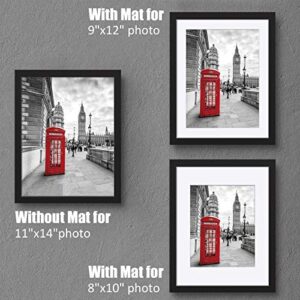 11x14 Picture Frames Black Solid Wood - Matted to Display Pictures 9x12 or 8x10 or 11x14 Frame without Mat - Wooden Photo Frame 11x14 inch Black with 2 Mats for Wall Mounting or Table Top, 2 Set