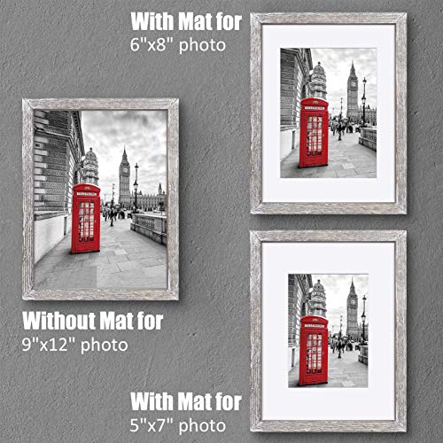 9x12 White Picture Frames Solid Wood Rustic White Display Pictures 6x8 or 5x7 with Mat or 9x12 without Mat - Farmhouse Distressed Photo Frame for Art with 2 Mats Wall Mounting,Table Top - Set of 1