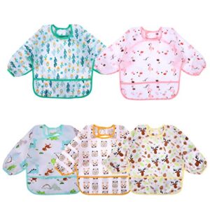 accmor 5 pack long sleeve baby bibs, waterproof sleeved bib, toddler soft bib for 6-24 months