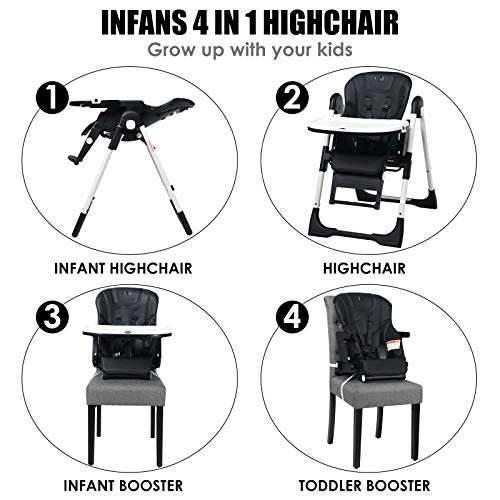 INFANS 4 in 1 High Chair–Booster Seat, Convertible Highchair w/Adjustable Height and Recline, Removable Tray, Detachable Cushion, Installation-Free, Simple Fold for Baby, Infant & Toddler, Black