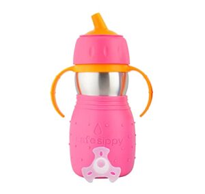 kid basix safe sippy, stainless steel cup for babies/toddlers, round spout, dishwasher safe, bpa free, 11 oz. travel/school/play pink