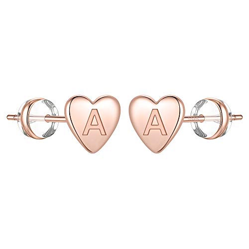 Heart Initial Stud Earrings for Girls, S925 Sterling Silver Rose Gold Plated Dainty Girls Earrings Hypoallergenic Letter A Initial Earrings for Women Girls Earrings for Girls