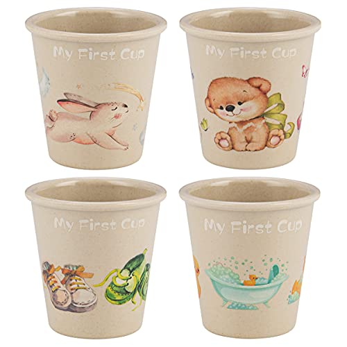 Bamboo Cups for Kids - Set of 4-4 oz Bamboo Cups with Adorable Childrens Art - Kids Cups for Drinking - Bathroom Cups, Toddler Smoothie Cup - Eco Friendly Shatter Proof BPA Free Open Child Cup