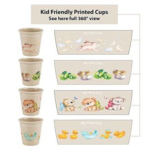 Bamboo Cups for Kids - Set of 4-4 oz Bamboo Cups with Adorable Childrens Art - Kids Cups for Drinking - Bathroom Cups, Toddler Smoothie Cup - Eco Friendly Shatter Proof BPA Free Open Child Cup