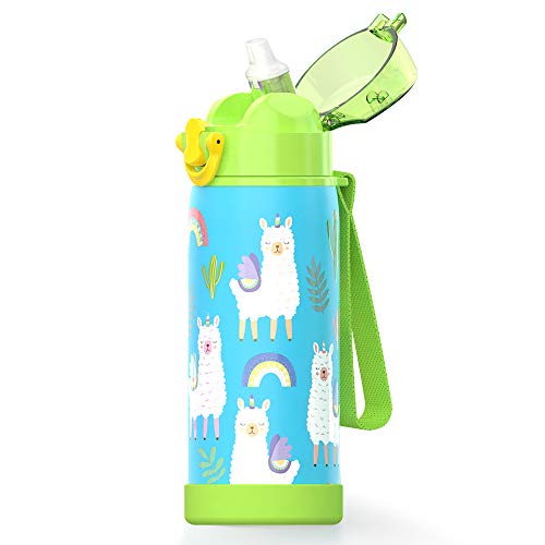 16 oz Insulated Water Bottle with Straw for Kids, Durable Stainless Steel & Leak Proof One Click Open Soft Sipper & Protective Silicone Boot (Llama)