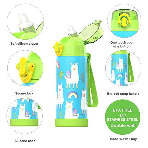 16 oz Insulated Water Bottle with Straw for Kids, Durable Stainless Steel & Leak Proof One Click Open Soft Sipper & Protective Silicone Boot (Llama)