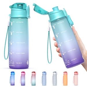 y&3 32oz motivational fitness sports water bottle with time marker, bpa free tritan plastic, leakproof flip top, for gym, outdoor, office work (green/purple gradient, 32oz)