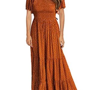 Women's Summer Dresses 2023 Round Neck Flutter Short Sleeve Casual Flowy Smocked Floral Maxi Long Dress Caramel L