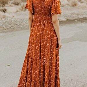 Women's Summer Dresses 2023 Round Neck Flutter Short Sleeve Casual Flowy Smocked Floral Maxi Long Dress Caramel L