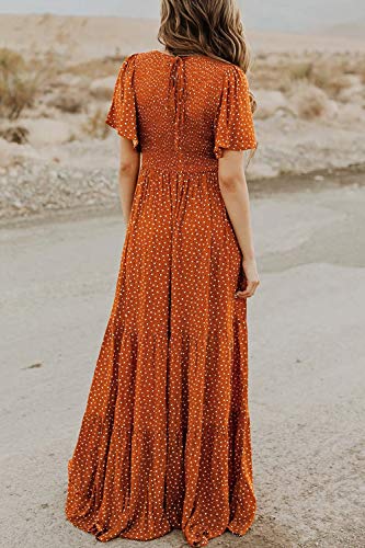 Women's Summer Dresses 2023 Round Neck Flutter Short Sleeve Casual Flowy Smocked Floral Maxi Long Dress Caramel L