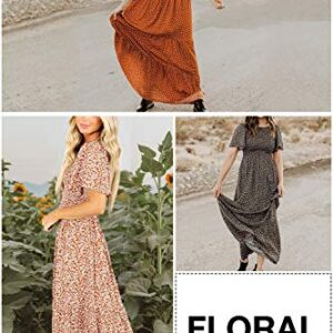 Women's Summer Dresses 2023 Round Neck Flutter Short Sleeve Casual Flowy Smocked Floral Maxi Long Dress Caramel L